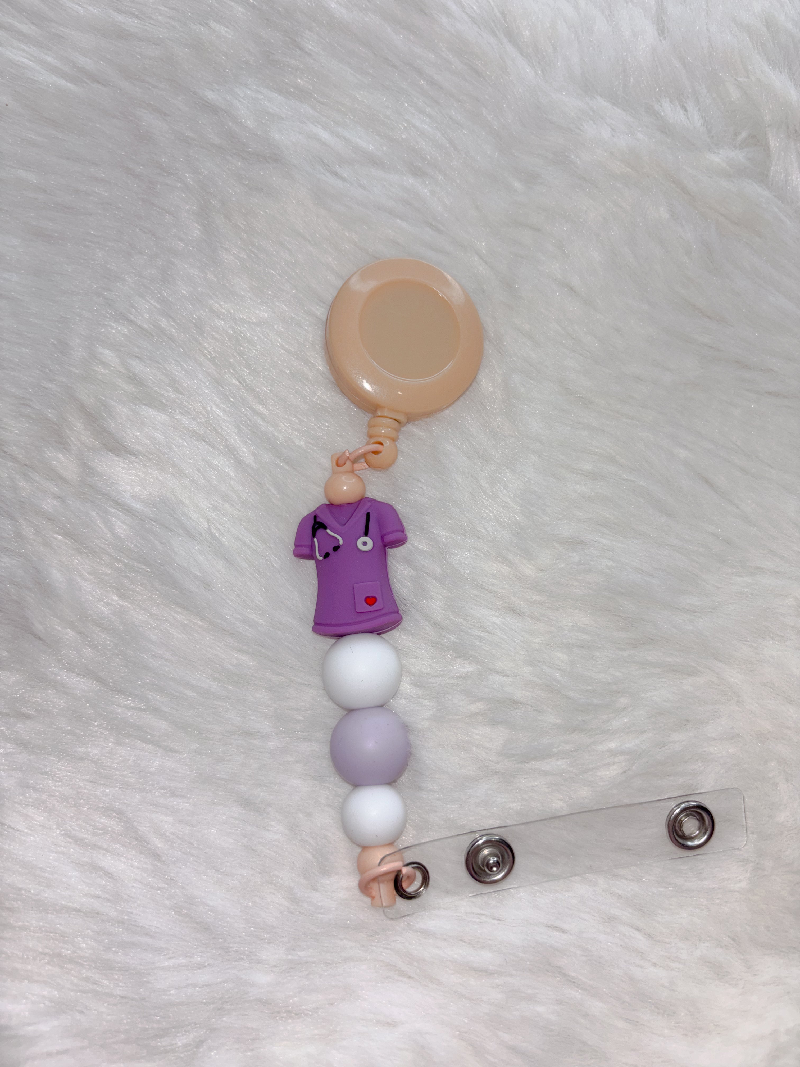 Retractable beaded badge clip - purple scrubs